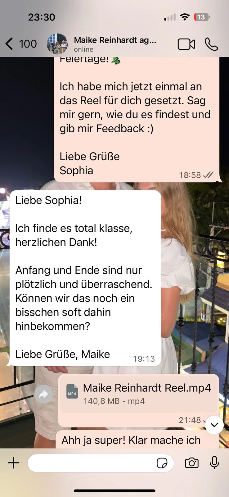 Echte Kundennachricht an Sophia Maus